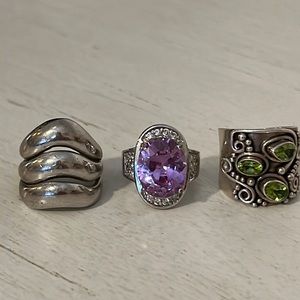 Lot 3 crystal silver costume rings, size 7 pink , others are 9
